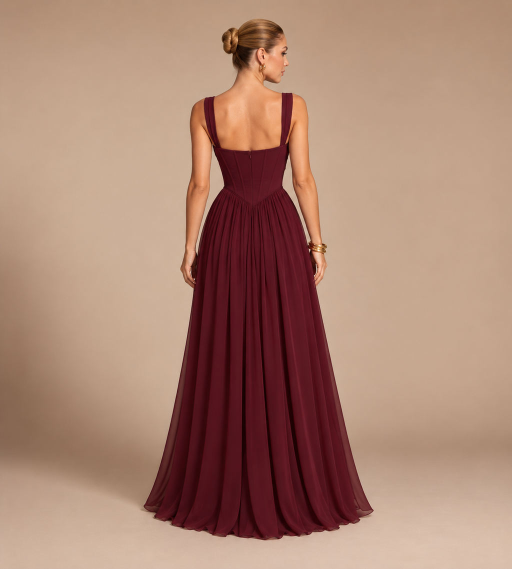 Aurelia Square Neck Corset Chiffon Maxi Dress - Burgundy