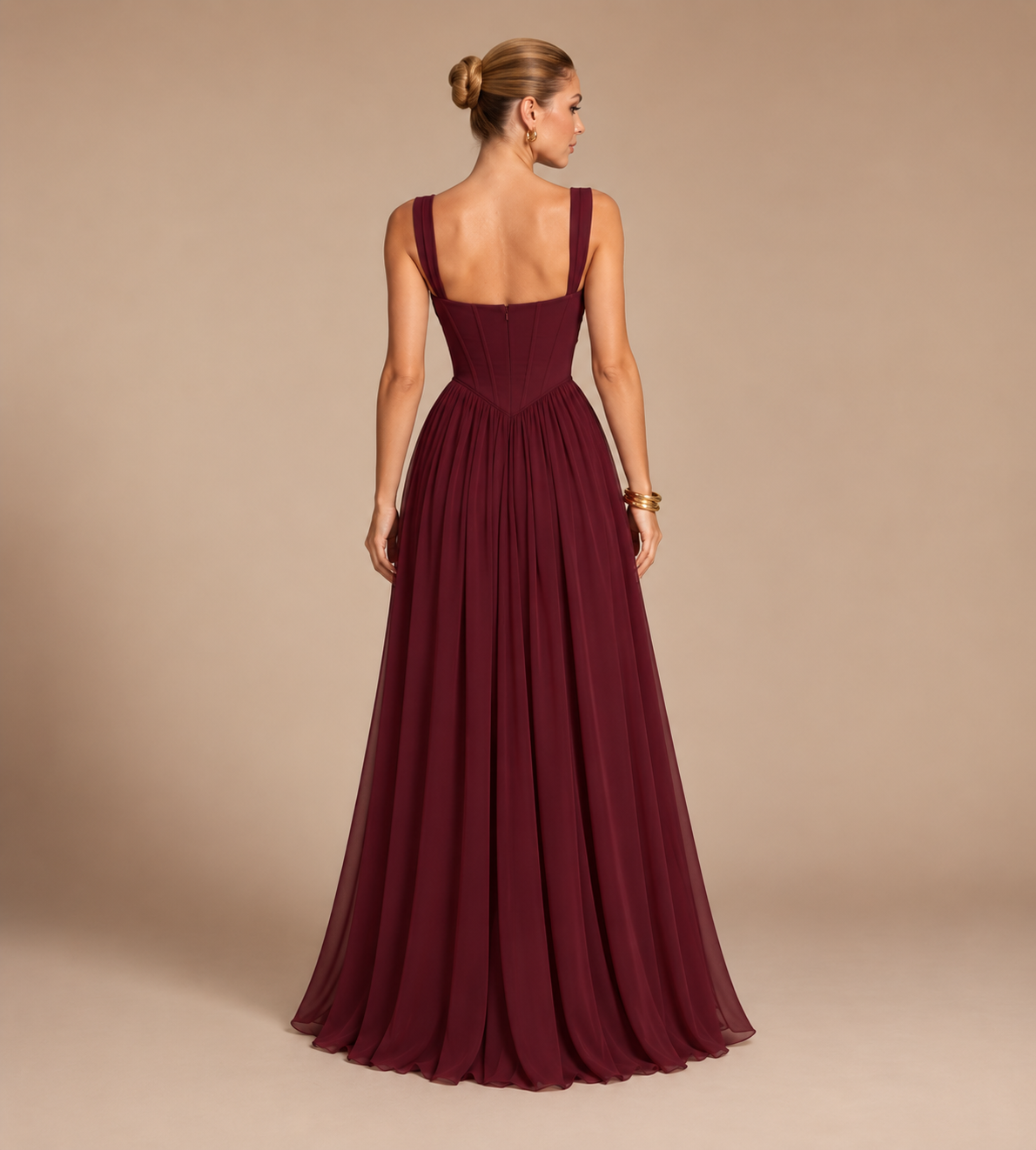 Aurelia Square Neck Corset Chiffon Maxi Dress - Burgundy