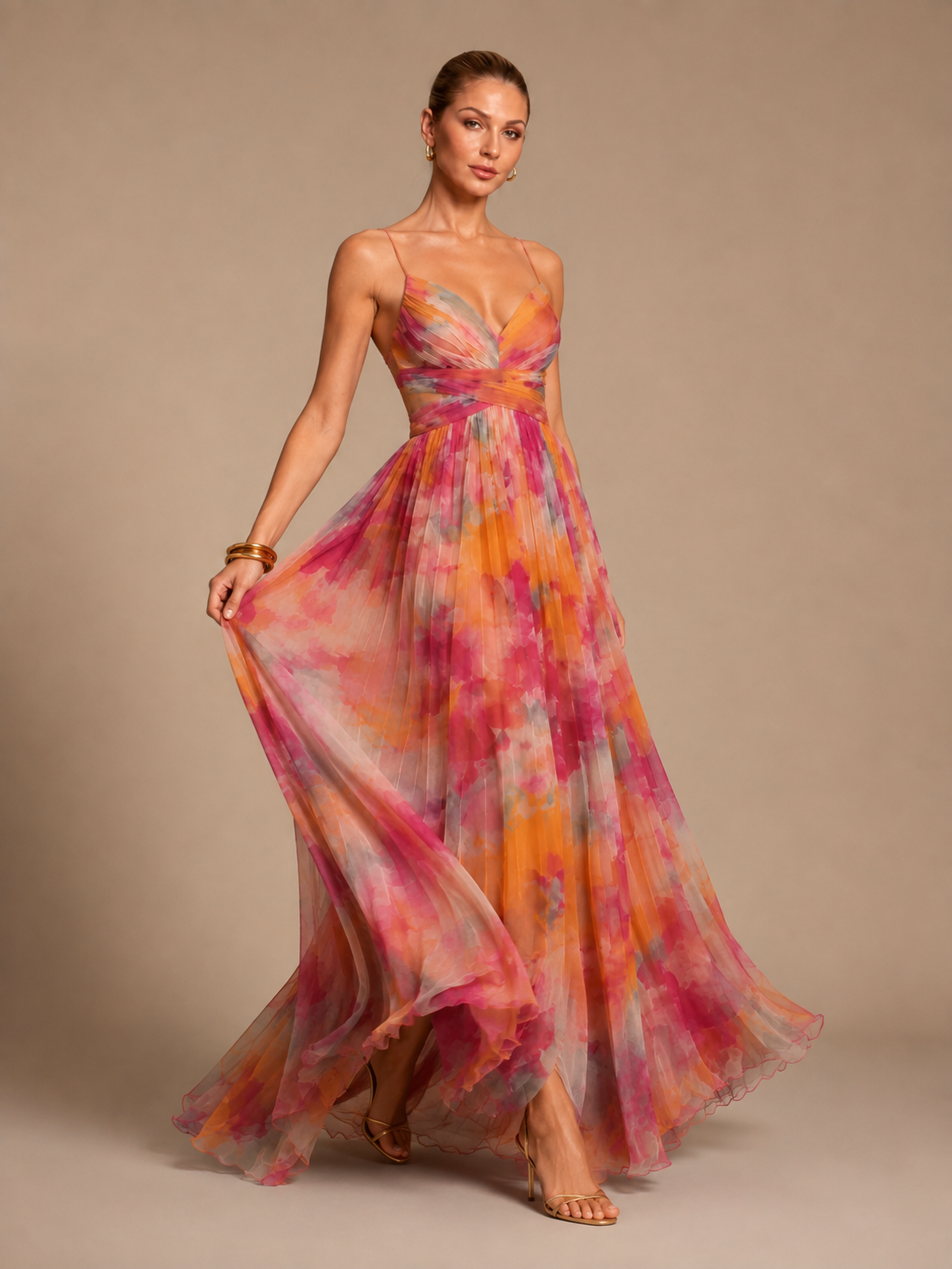 Aurelia Pink Orange Floral Chiffon Maxi Dress