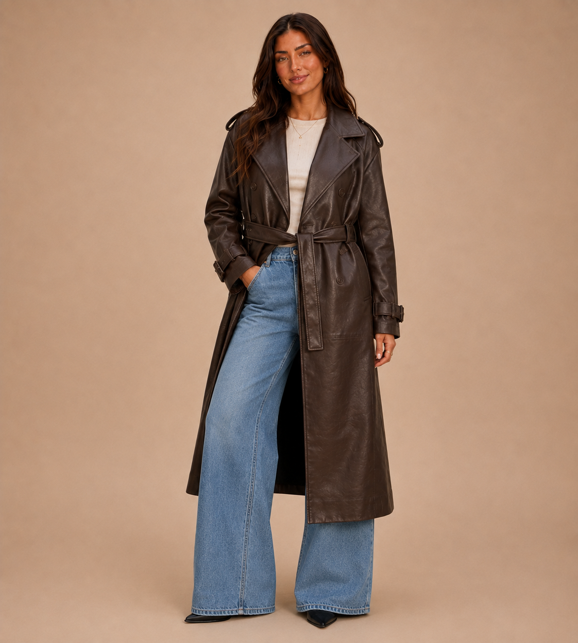 Elowen Chocolate Brown Belted Faux Leather Trench Coat