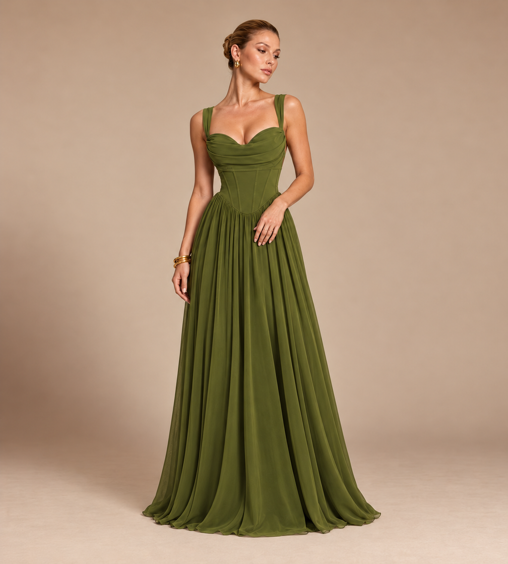 Aurelia Square Neck Corset Chiffon Maxi Dress - Olive Green