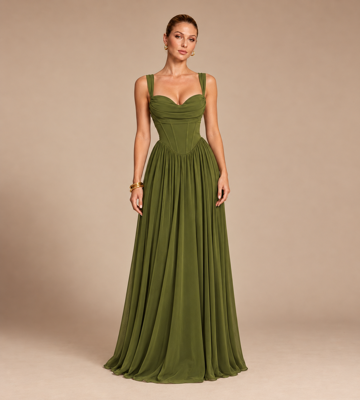 Aurelia Square Neck Corset Chiffon Maxi Dress - Olive Green