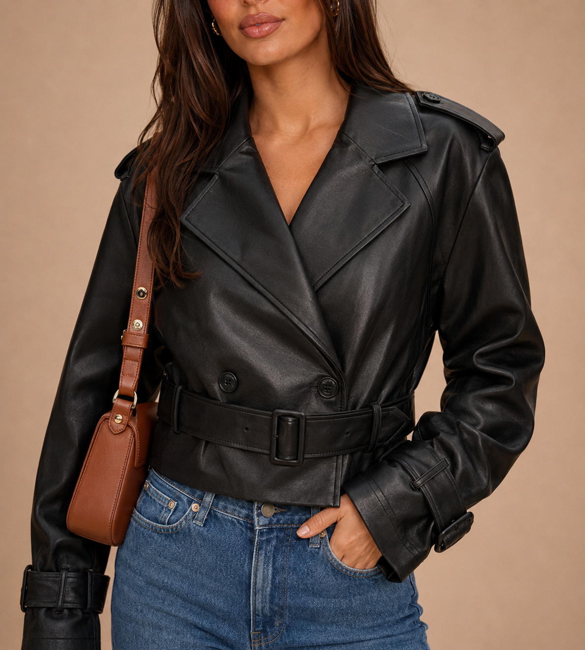 Sloane Black Belted Faux Leather Trench Jacket