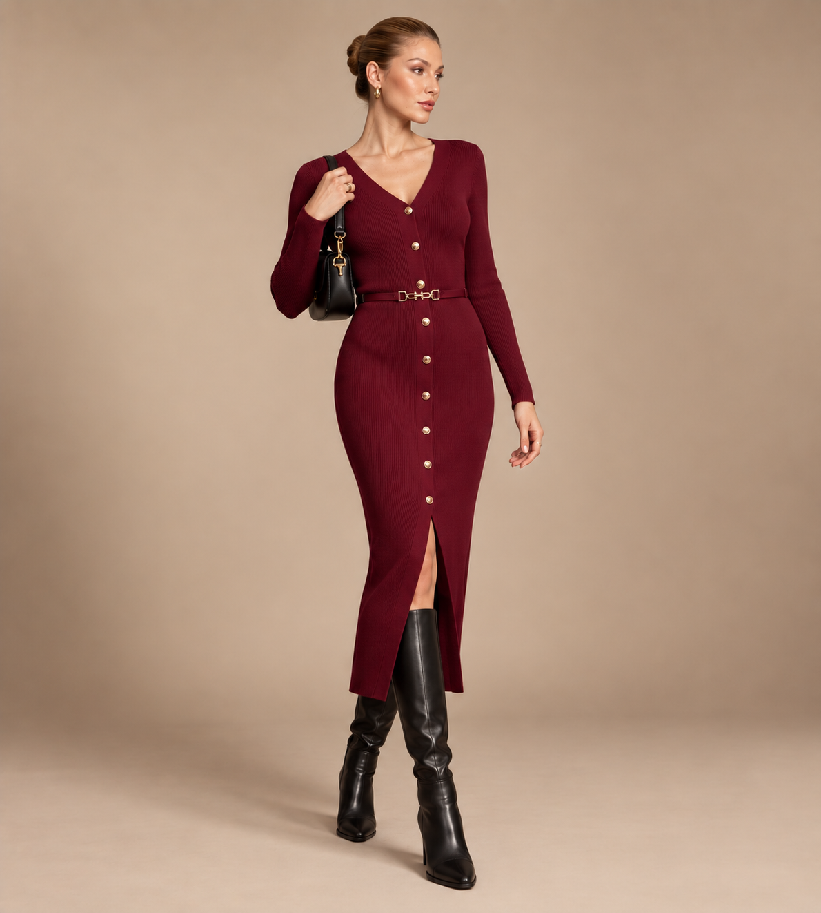 Isolde Burgundy Ribbed Button-Front Midi Dress