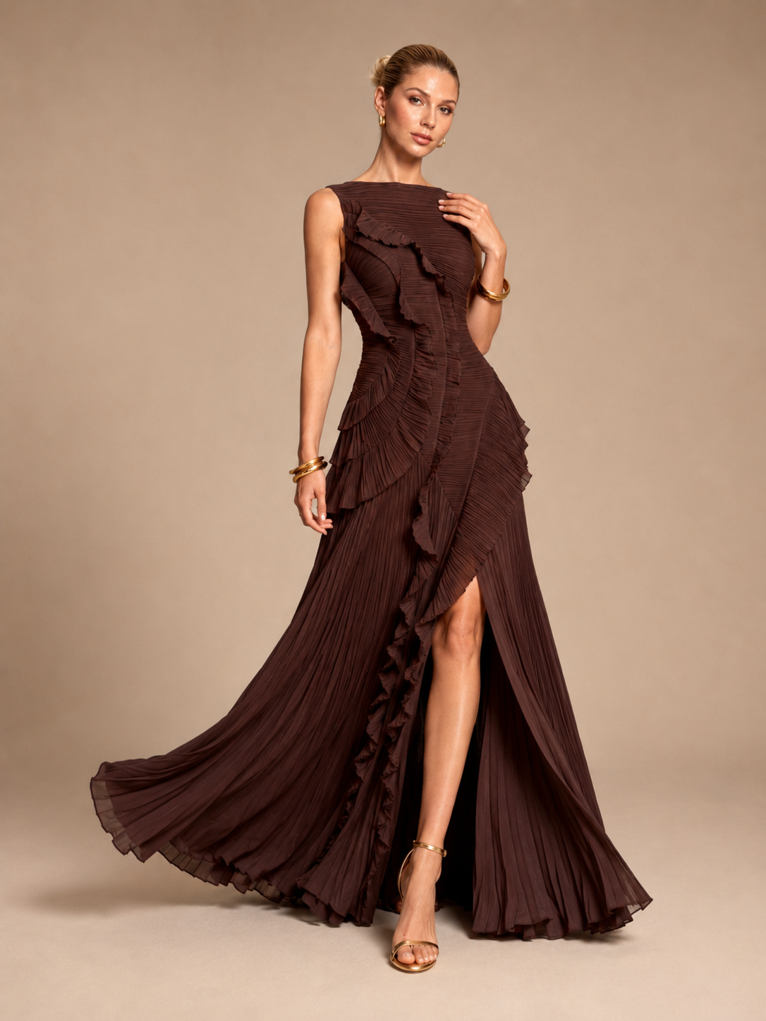 Marielle Pleated Ruffle Slit Maxi Dress