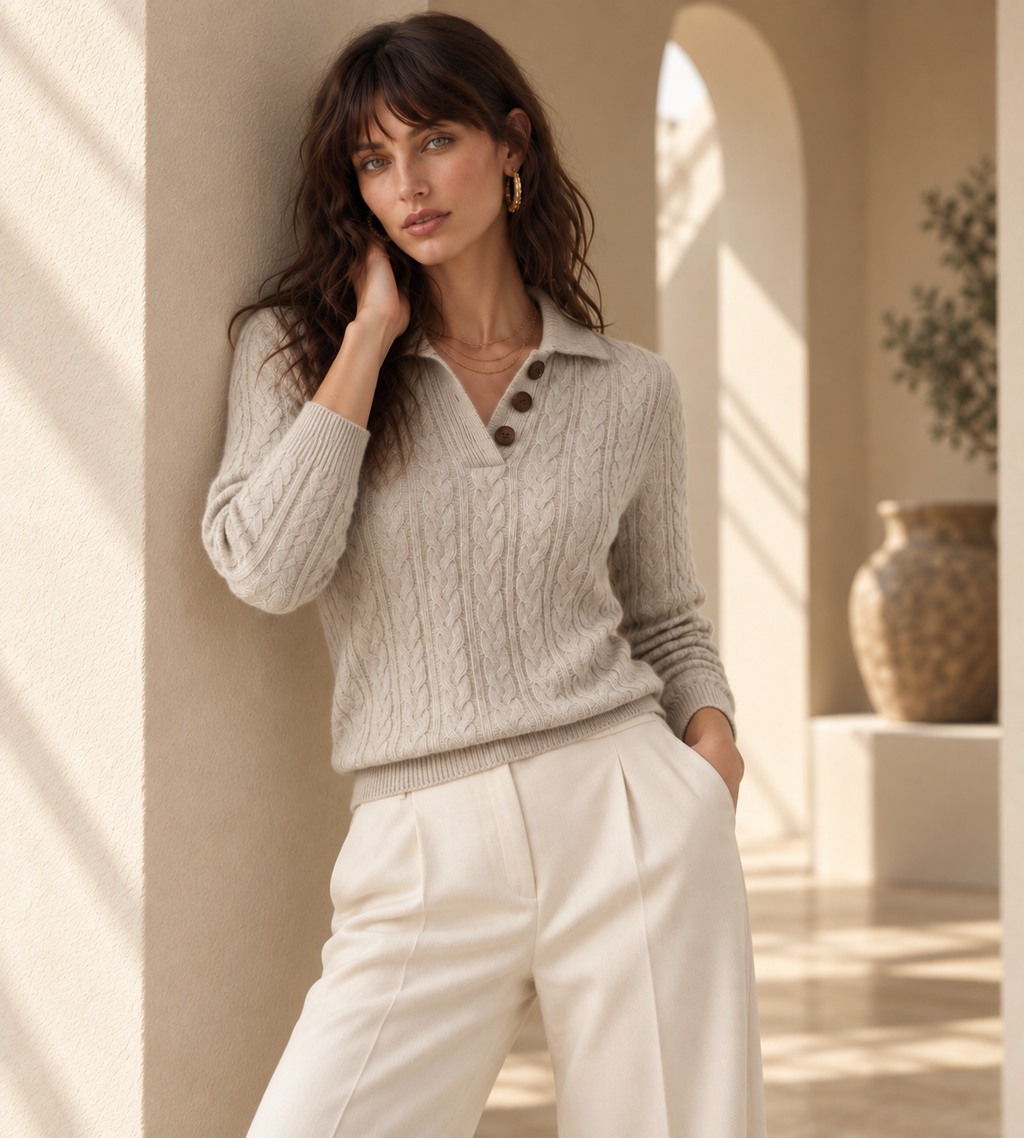 Rowan Light Grey Cable Knit Cashmere Sweater