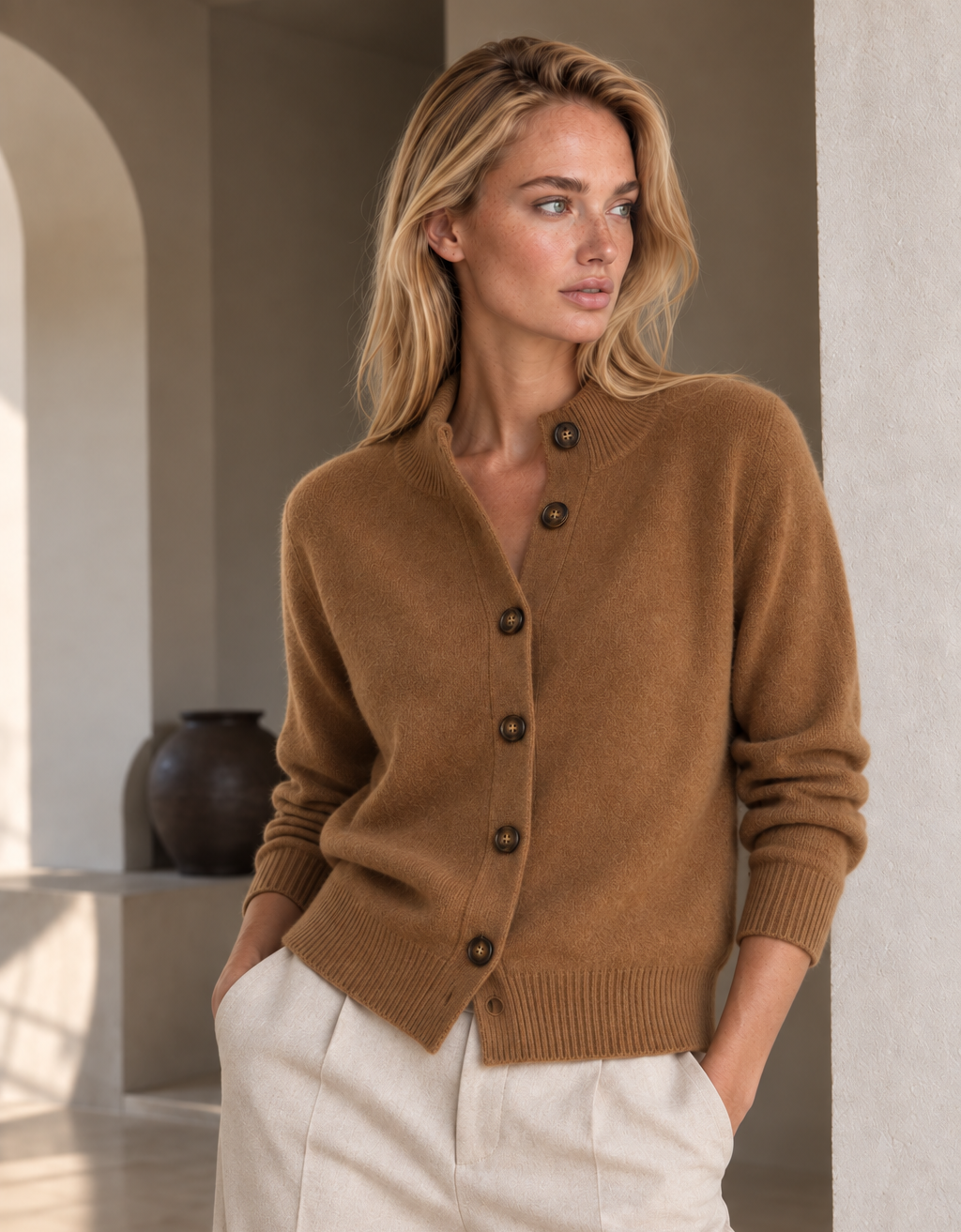 Clara Camel Cashmere Blend Button Cardigan