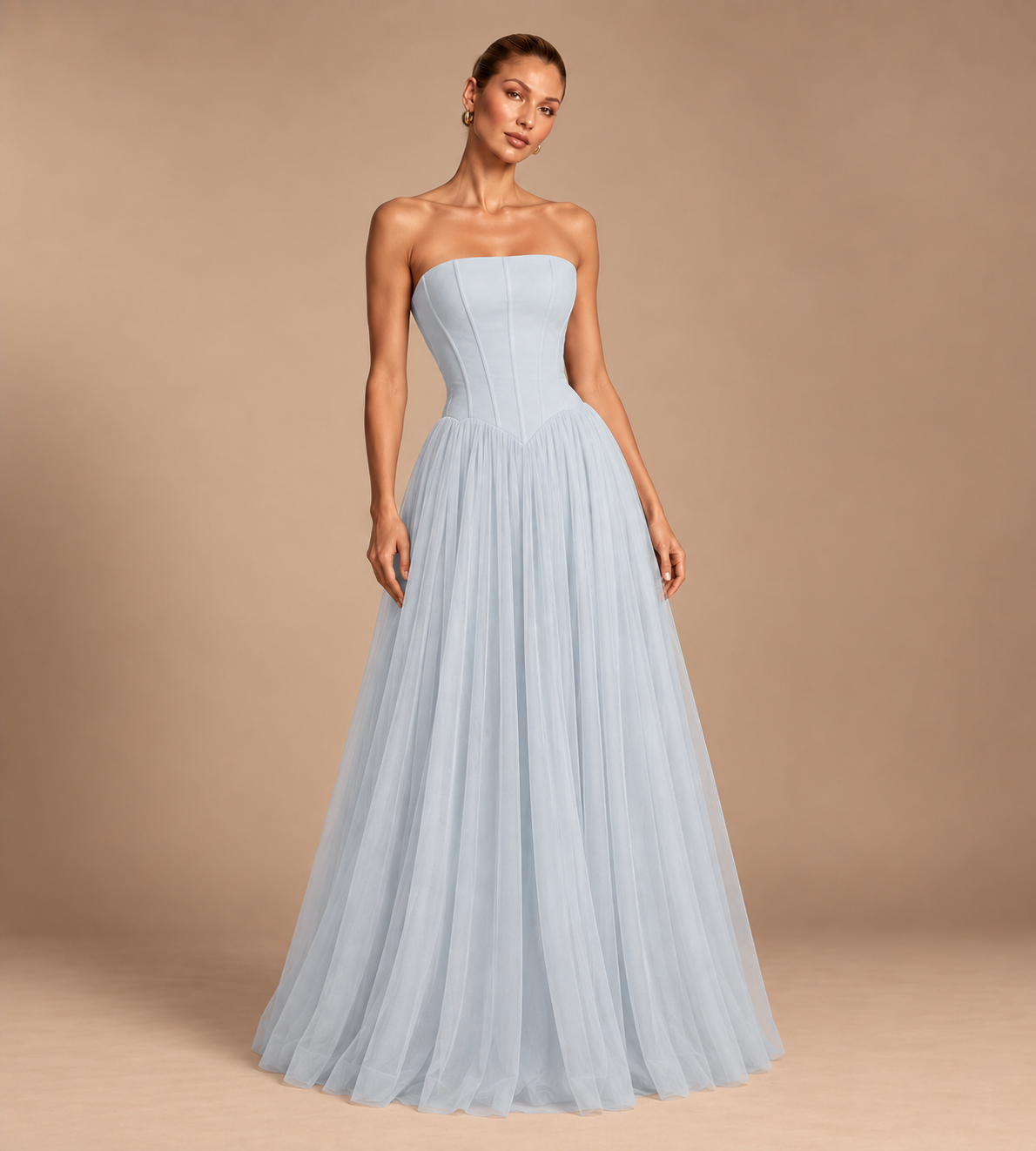 Seraphina Strapless Corset Tulle Maxi Dress - Light Blue