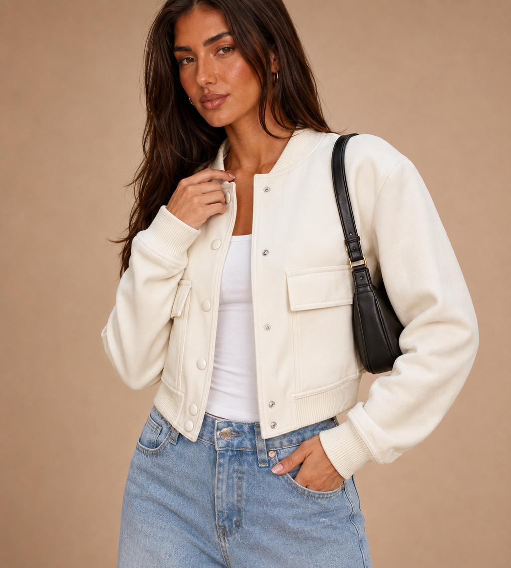 Aveline Ivory Cropped Bomber Jacket