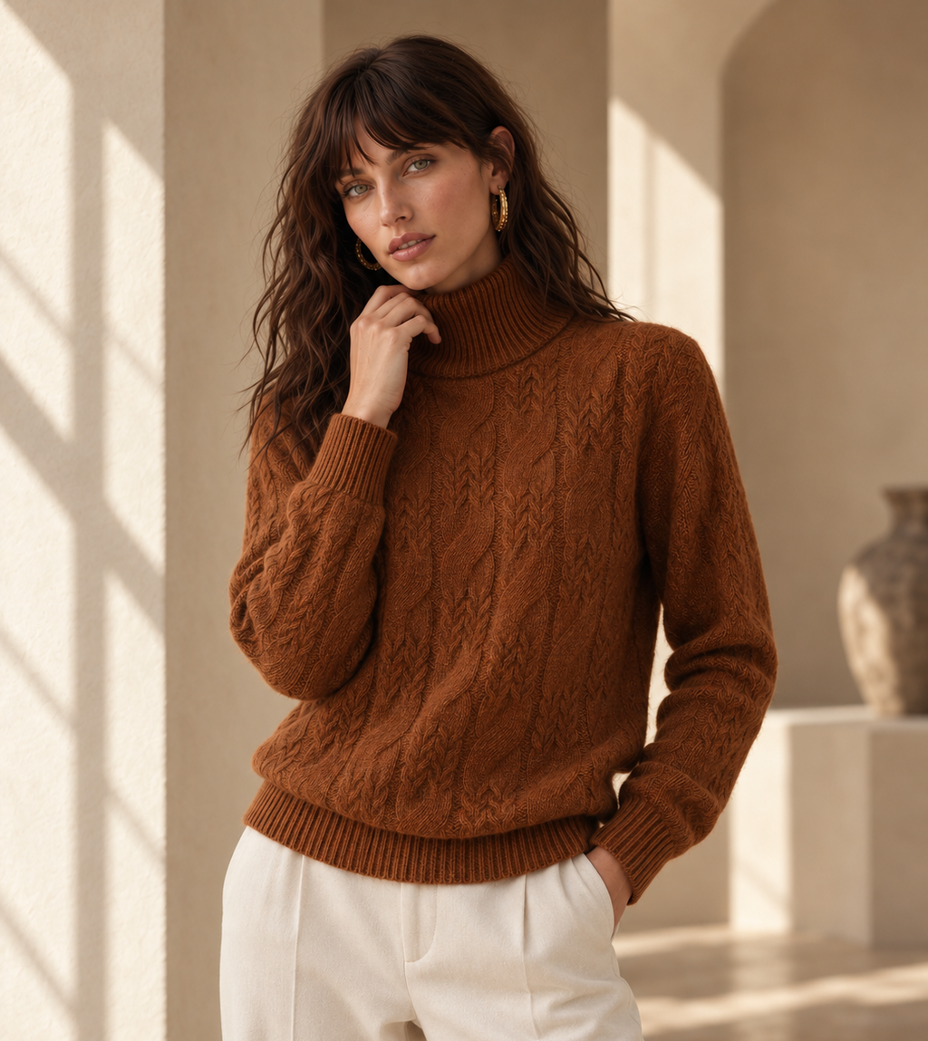 Elise Brown Cable Knit Cashmere Blend Sweater