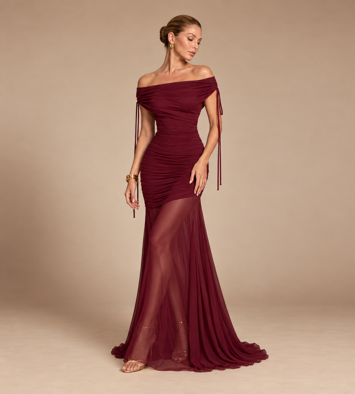Valeria Off Shoulder Ruched Mesh Maxi Dress - Burgundy
