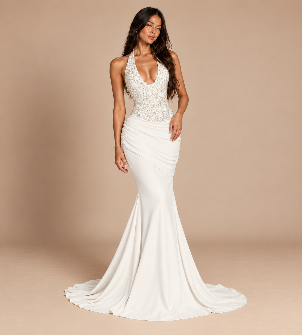 Valentina Ivory Sequin Halter Mermaid Maxi Dress