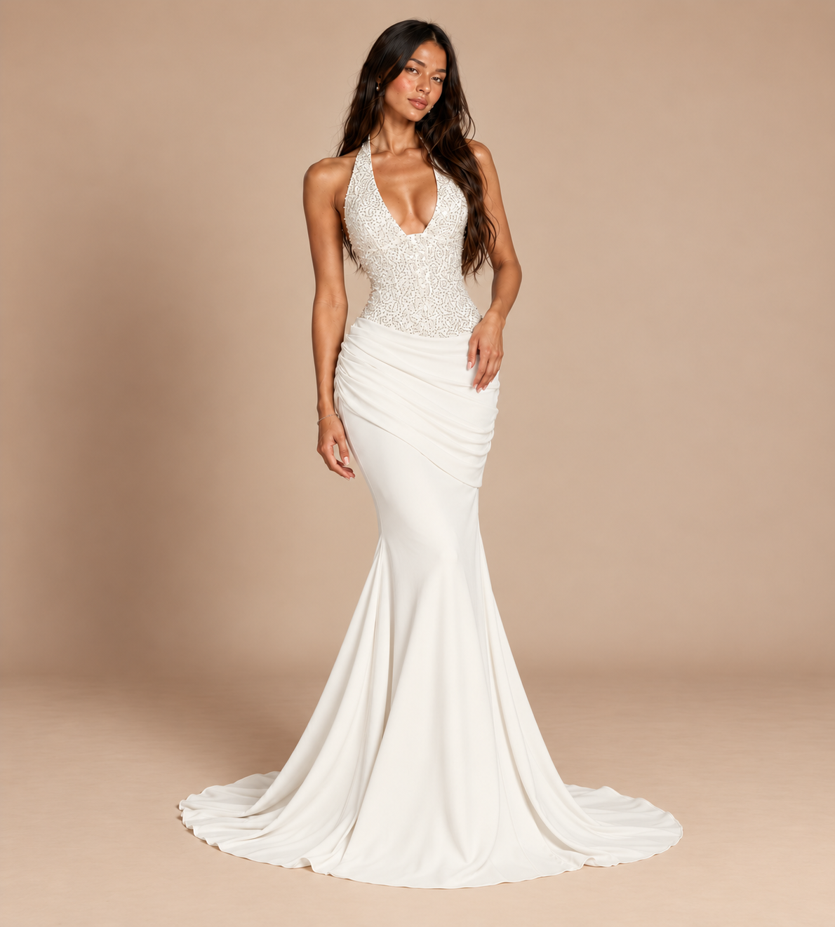 Valentina Ivory Sequin Halter Mermaid Maxi Dress