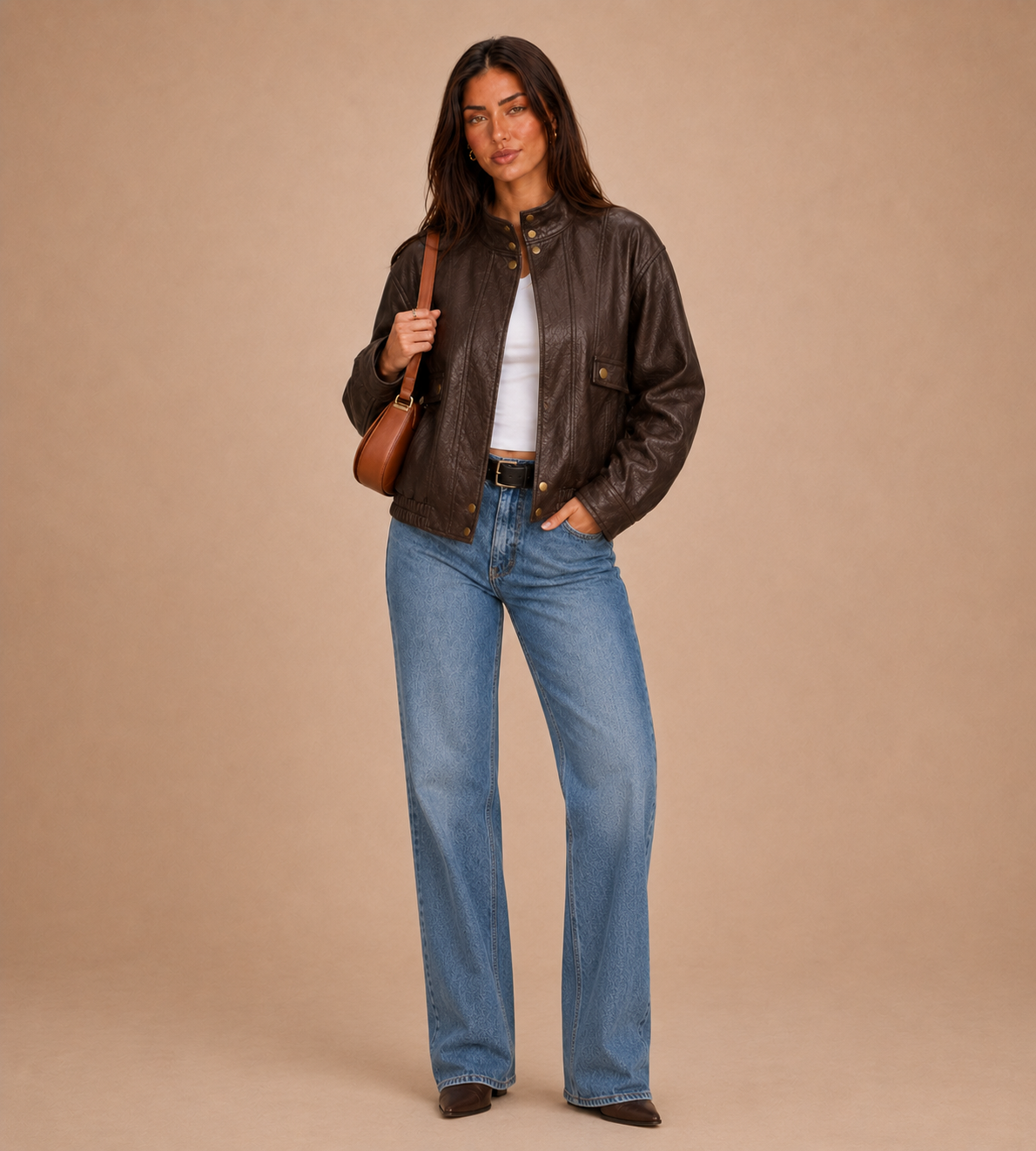 Marlowe Textured Faux Leather Bomber Jacket - Brown