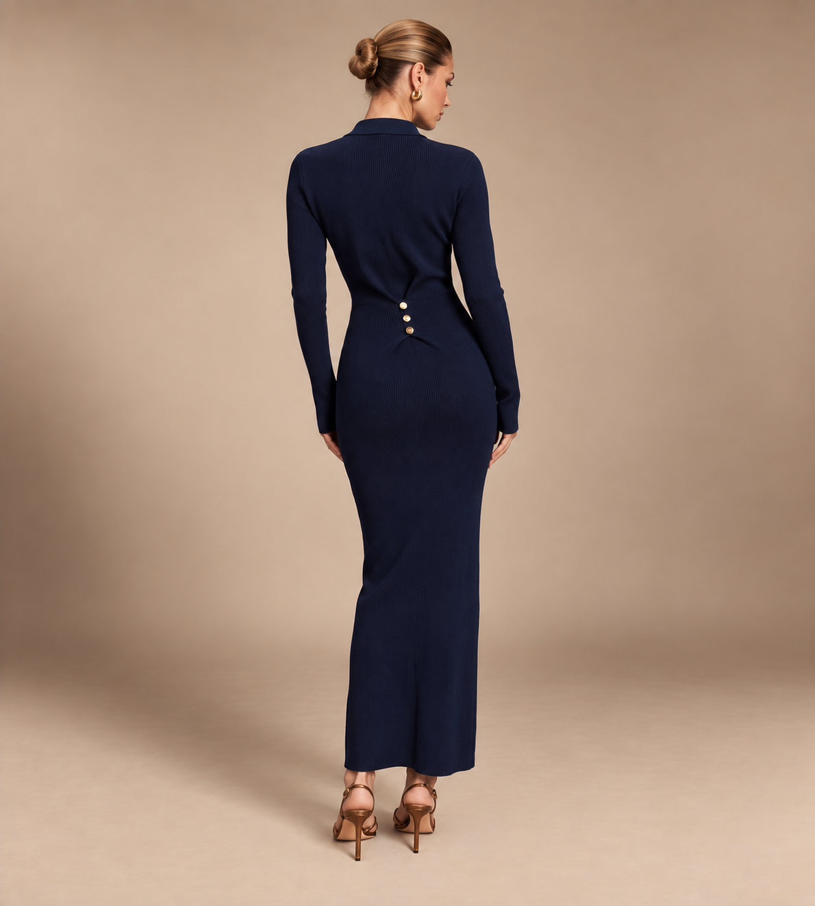 Arielle Navy Ribbed Knit Polo Maxi Dress