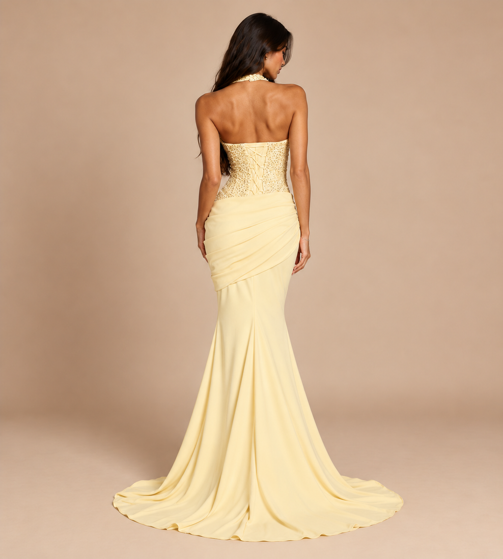 Valentina Butter Yellow Sequin Halter Mermaid Maxi Dress
