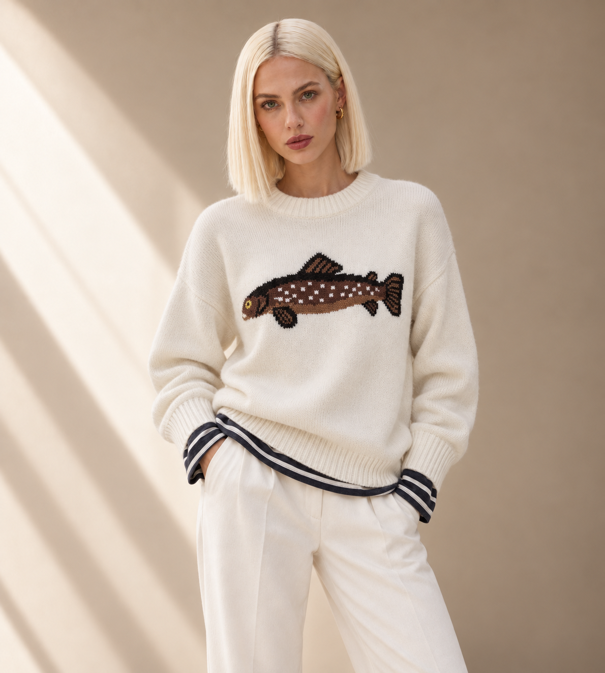 Cream Fish Graphic Knit Sweater
