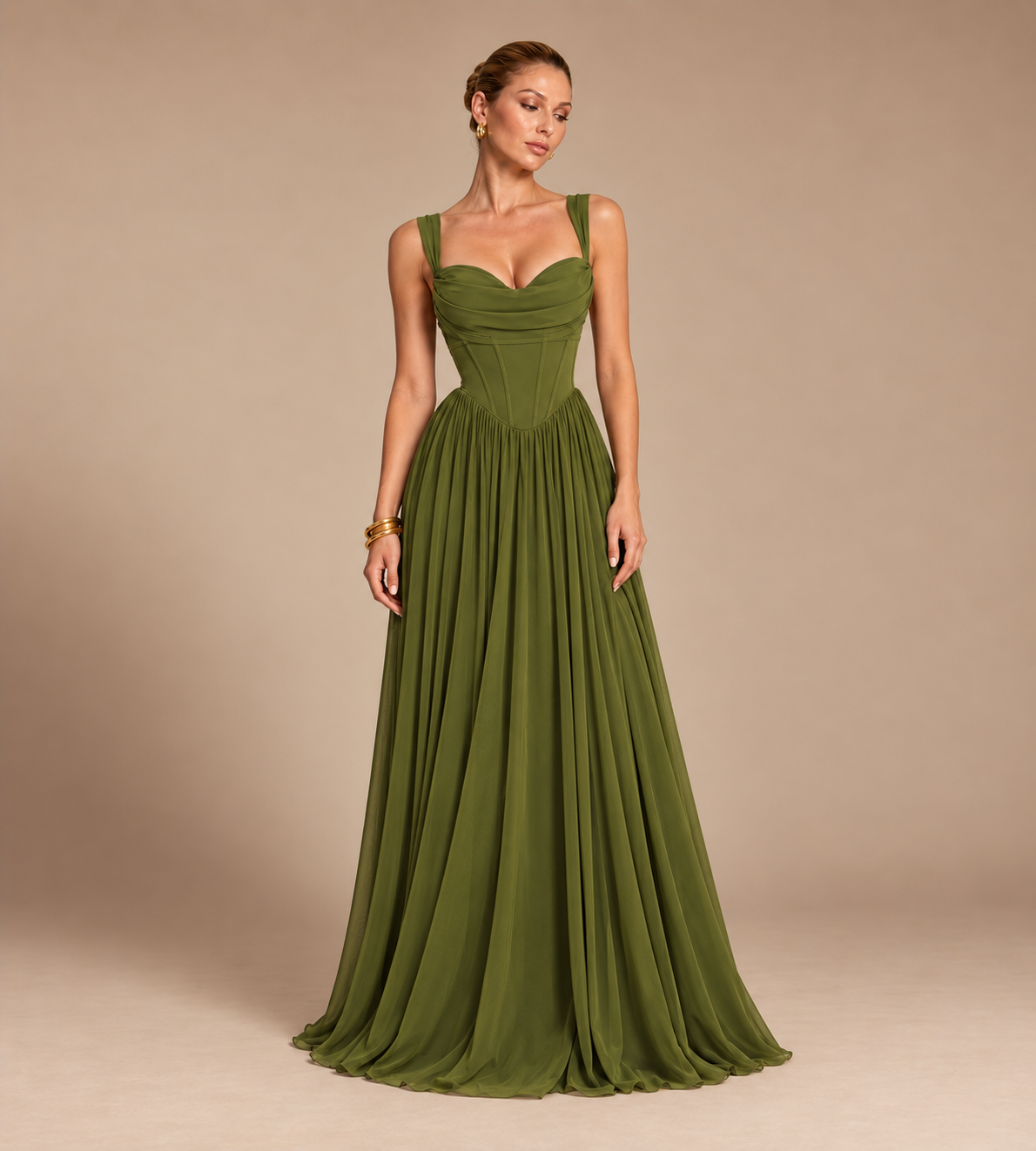 Aurelia Square Neck Corset Chiffon Maxi Dress - Olive Green