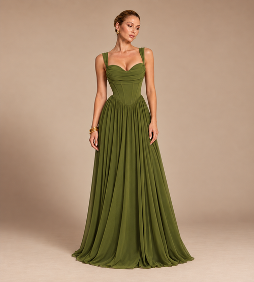Aurelia Square Neck Corset Chiffon Maxi Dress - Olive Green