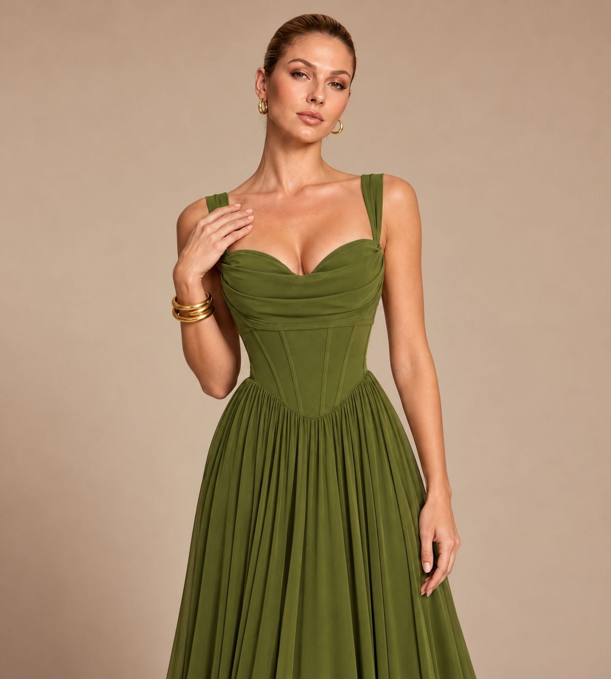 Aurelia Square Neck Corset Chiffon Maxi Dress - Olive Green