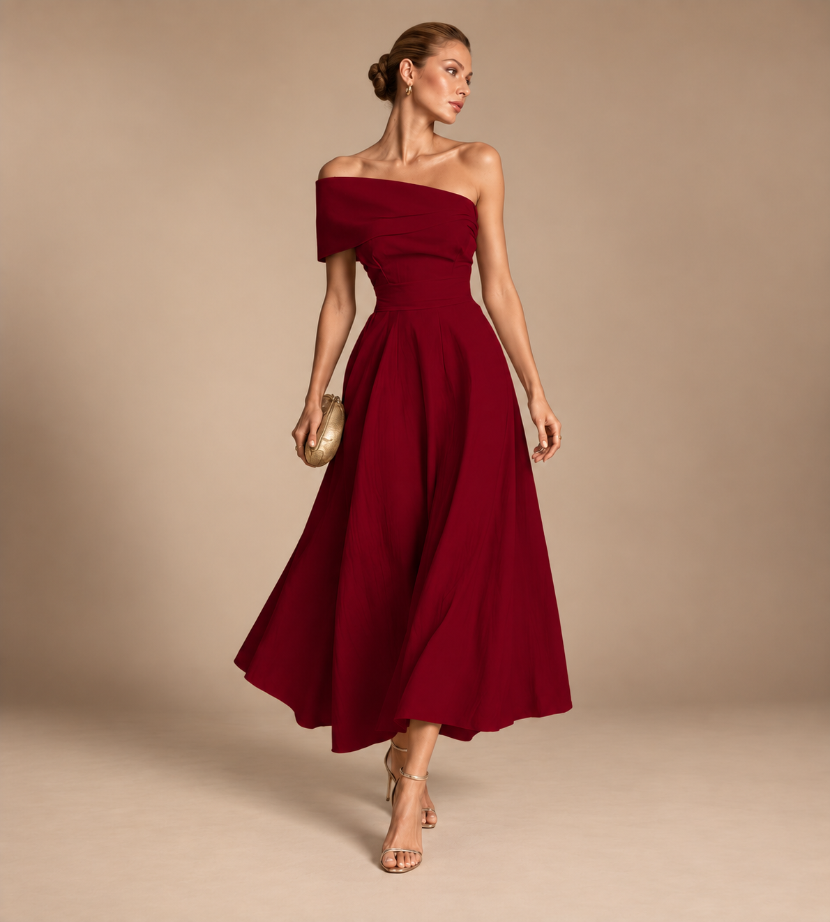 Solene Burgundy Off-Shoulder Midi Dress