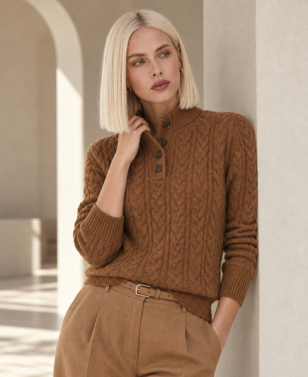 Rowan Brown Cable Knit Cashmere Sweater