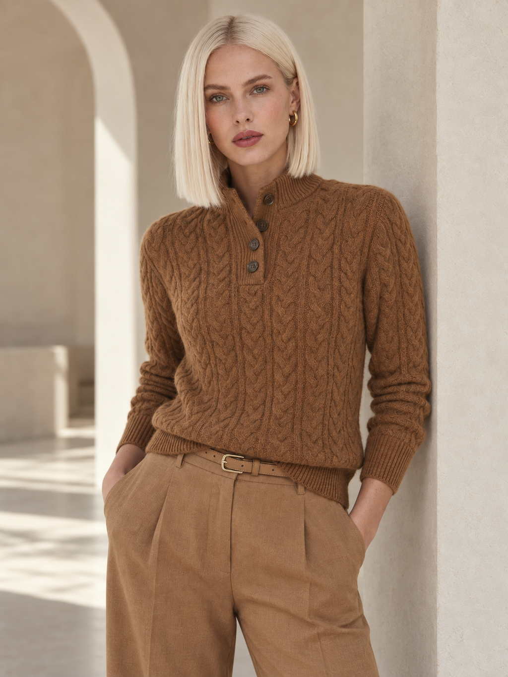 Rowan Brown Cable Knit Cashmere Sweater