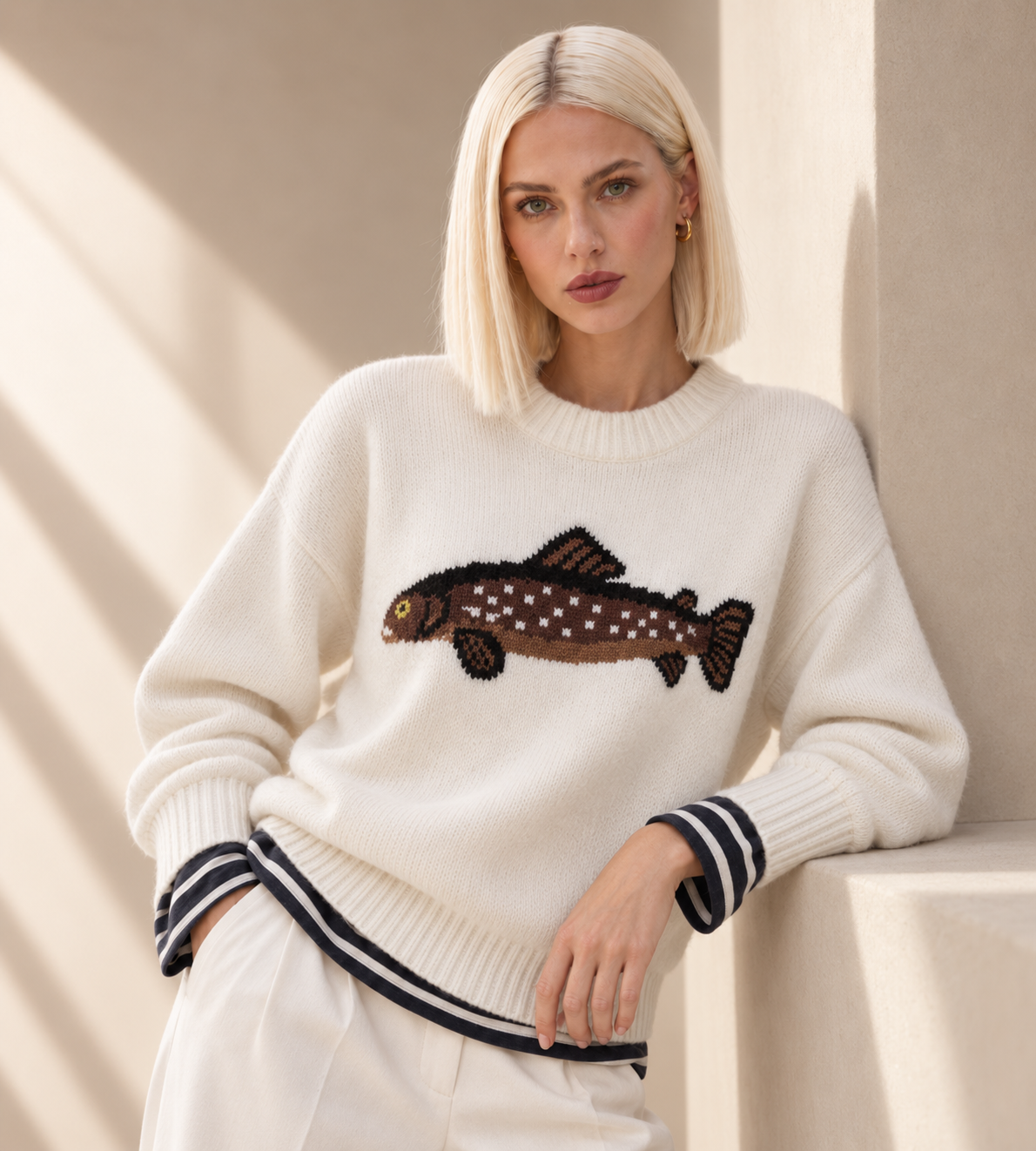 Cream Fish Graphic Knit Sweater