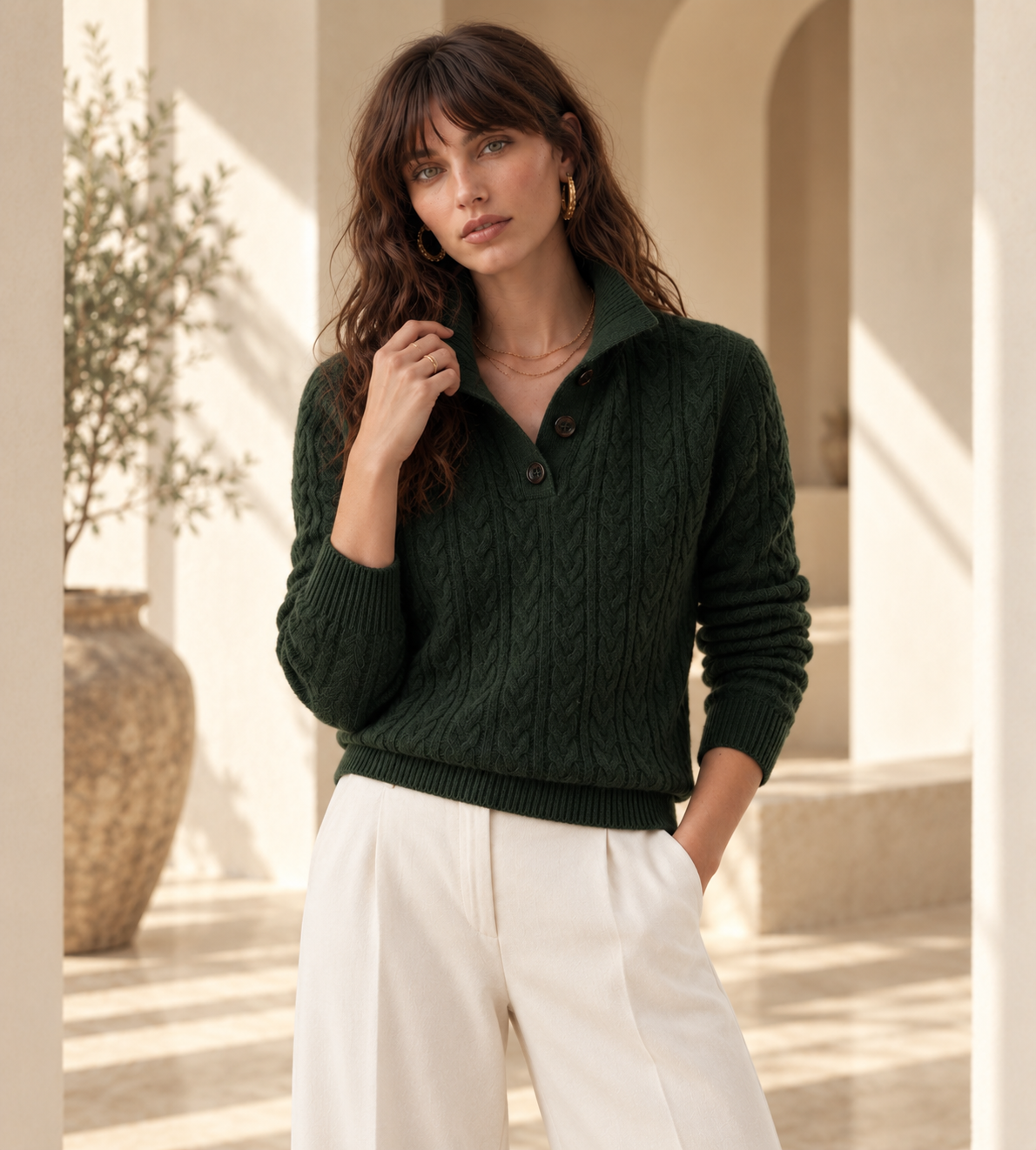 Rowan Green Cable Knit Cashmere Sweater