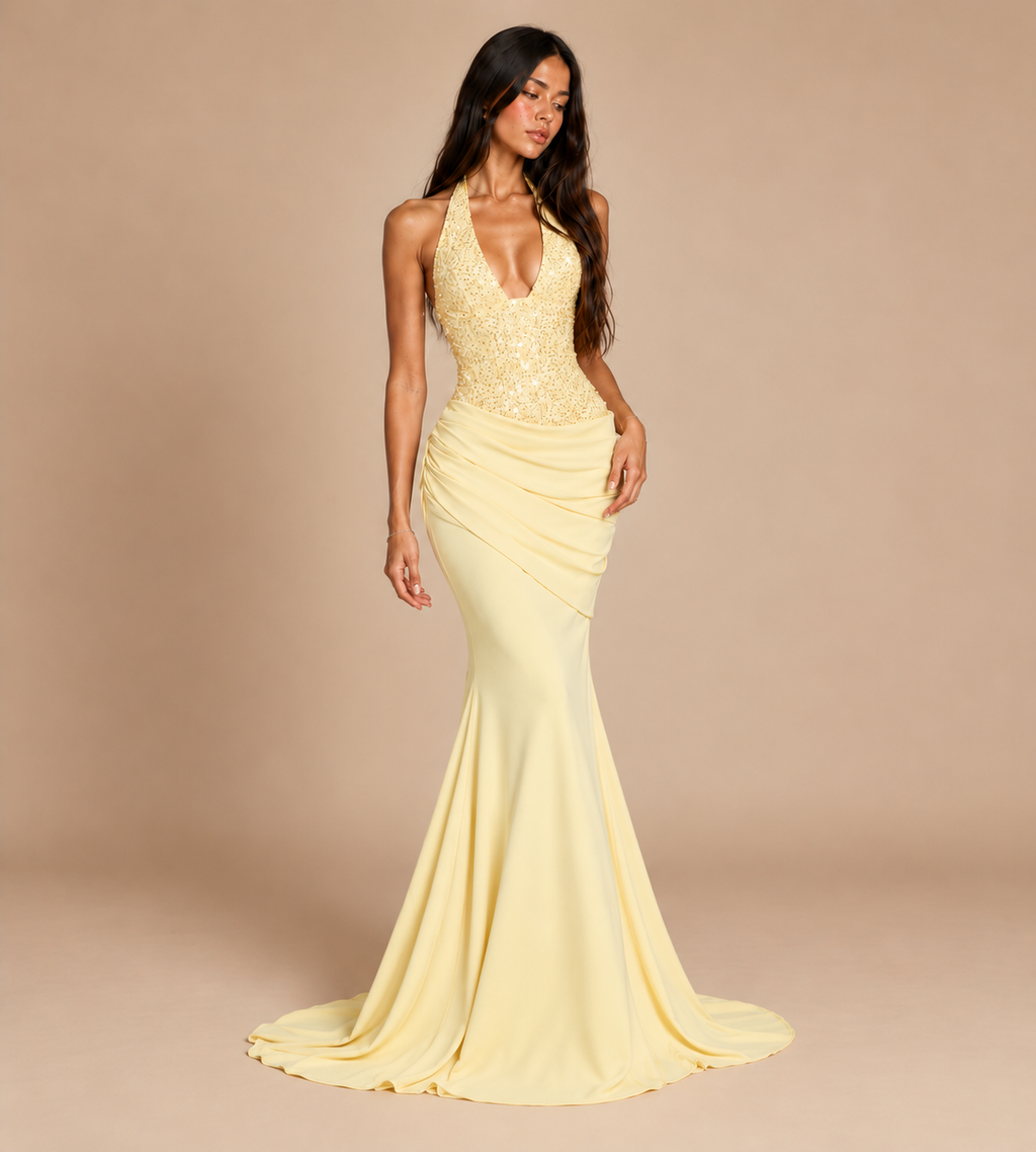 Valentina Butter Yellow Sequin Halter Mermaid Maxi Dress
