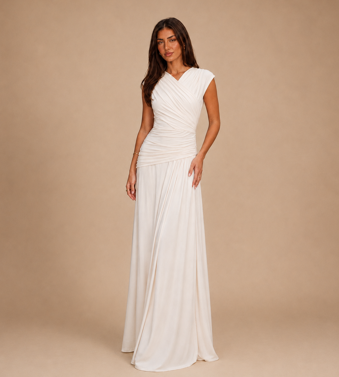 Elara Ivory Ruched Wrap Maxi Dress