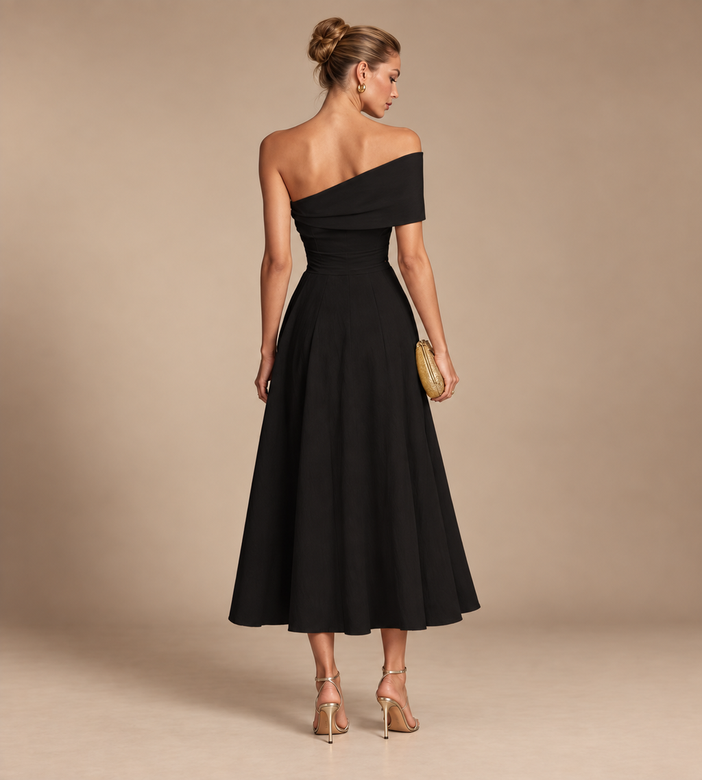 Solene Black Off-Shoulder Midi Dress