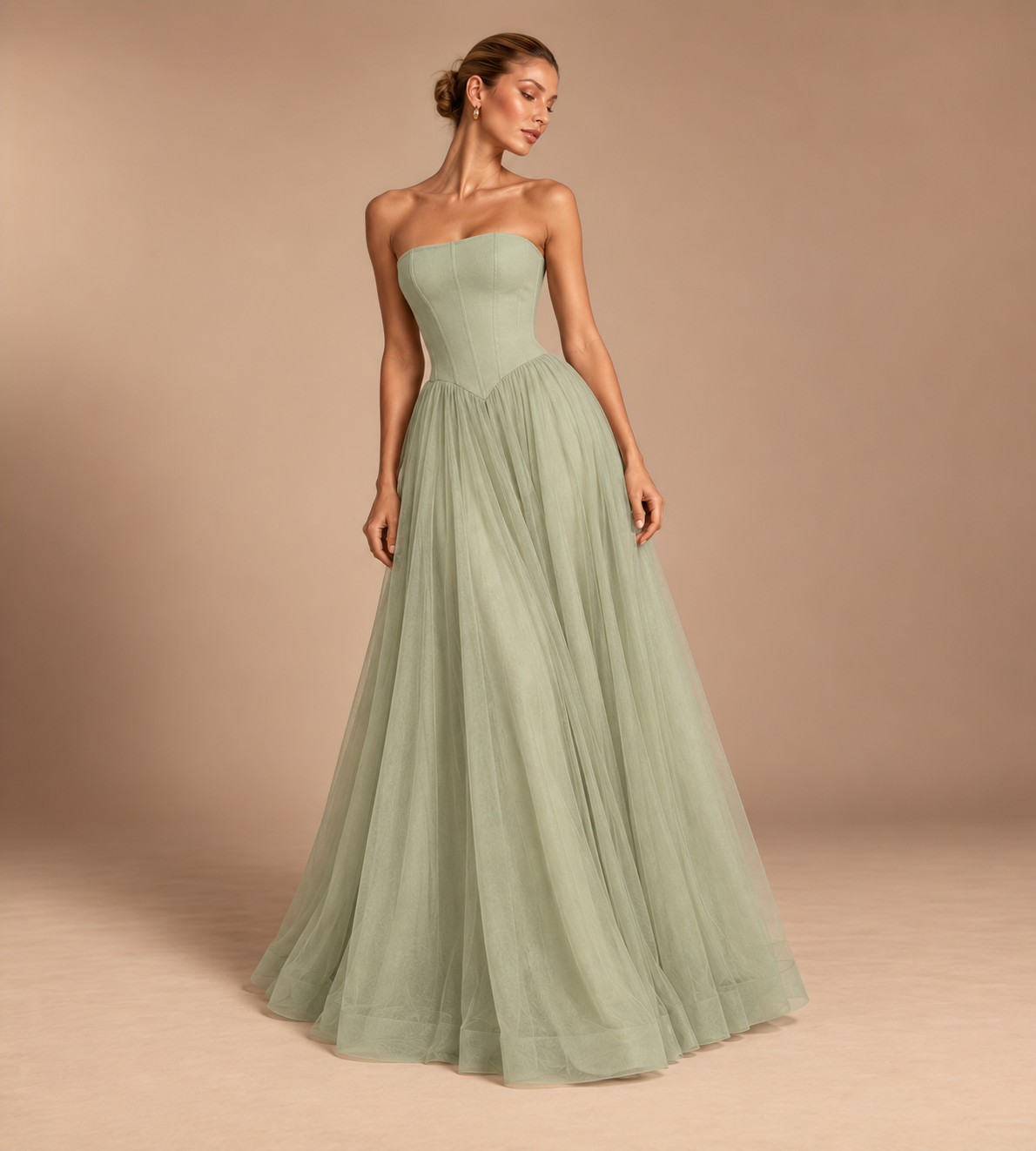 Seraphina Strapless Corset Tulle Maxi Dress - Sage Green