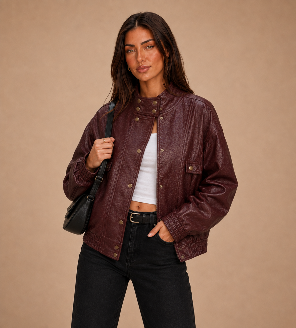 Marlowe Textured Faux Leather Bomber Jacket - Burgundy