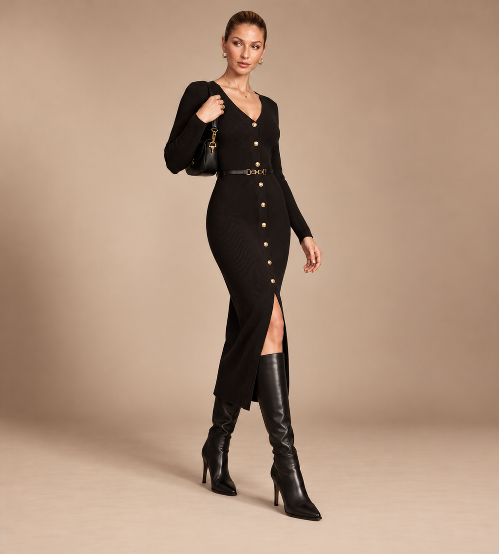Isolde Black Ribbed Button-Front Midi Dress