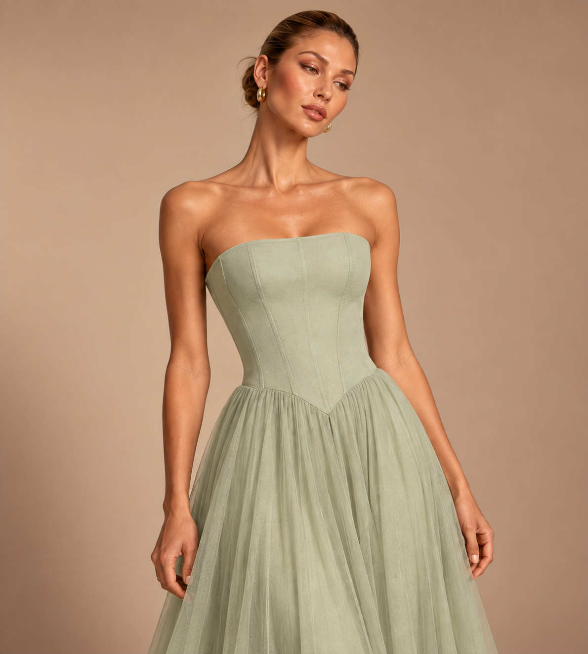 Seraphina Strapless Corset Tulle Maxi Dress - Sage Green
