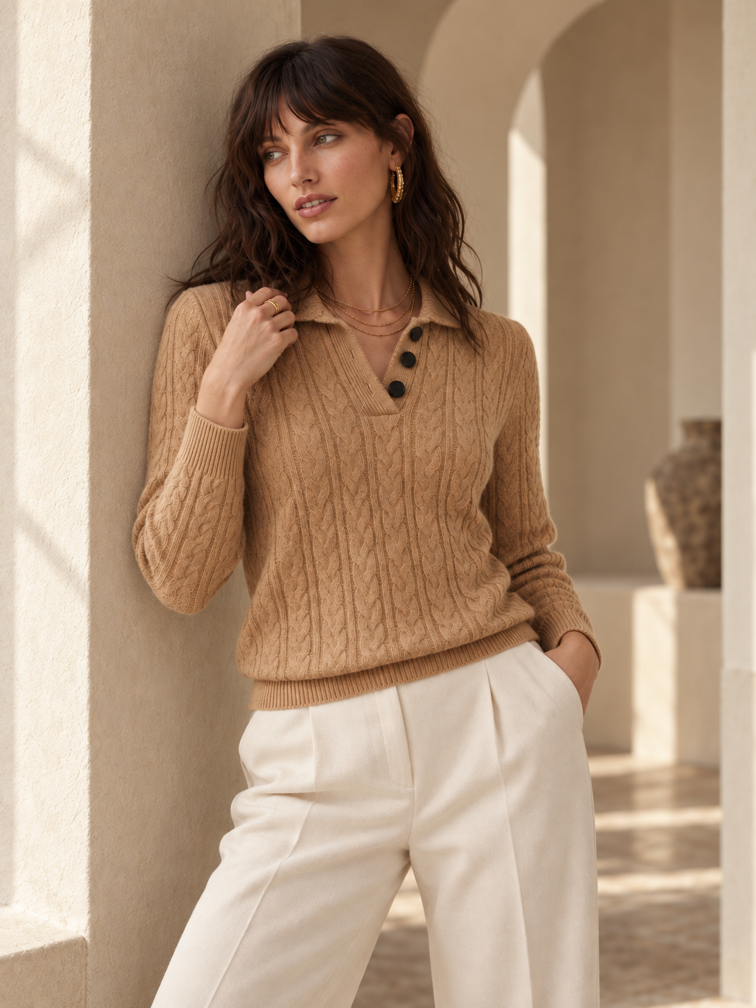 Rowan Beige Cable Knit Cashmere Sweater