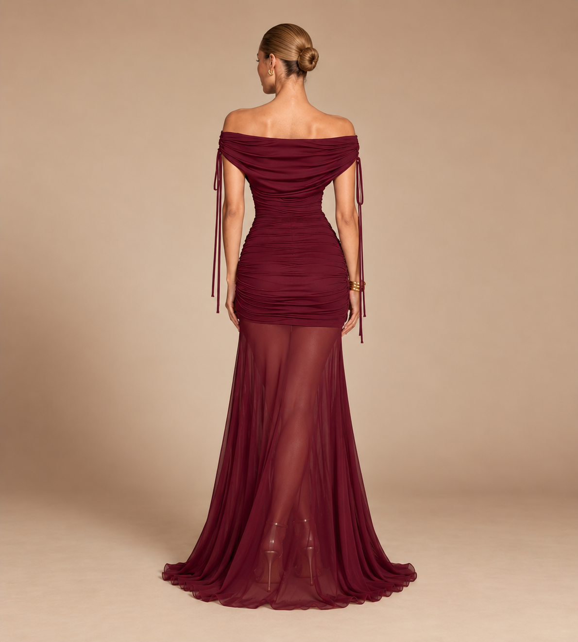 Valeria Off Shoulder Ruched Mesh Maxi Dress - Burgundy