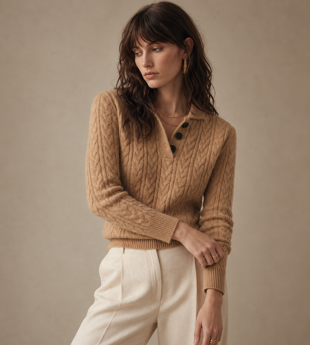 Rowan Beige Cable Knit Cashmere Sweater