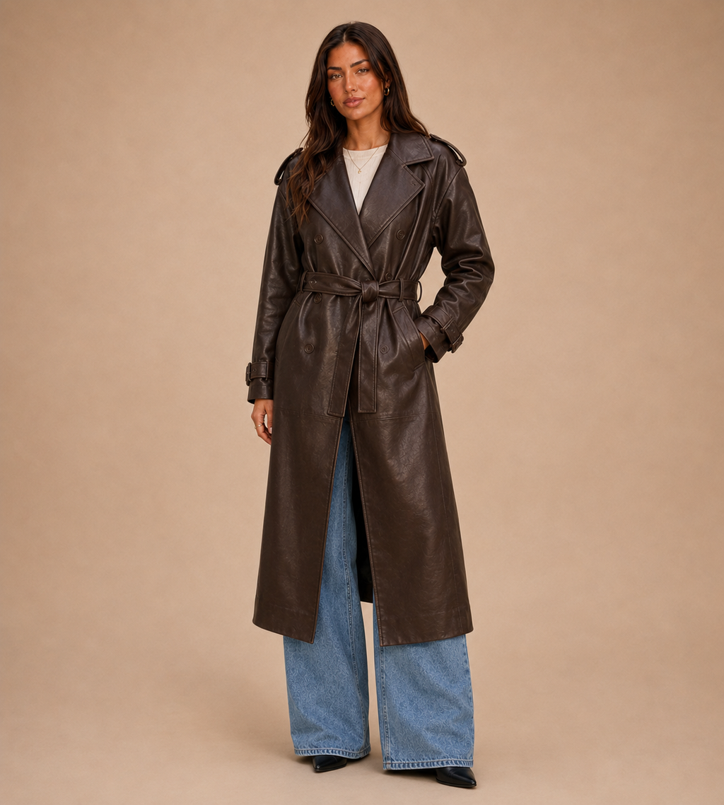 Elowen Chocolate Brown Belted Faux Leather Trench Coat