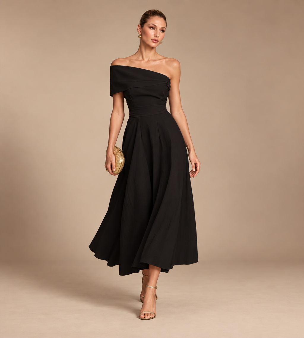 Solene Black Off-Shoulder Midi Dress