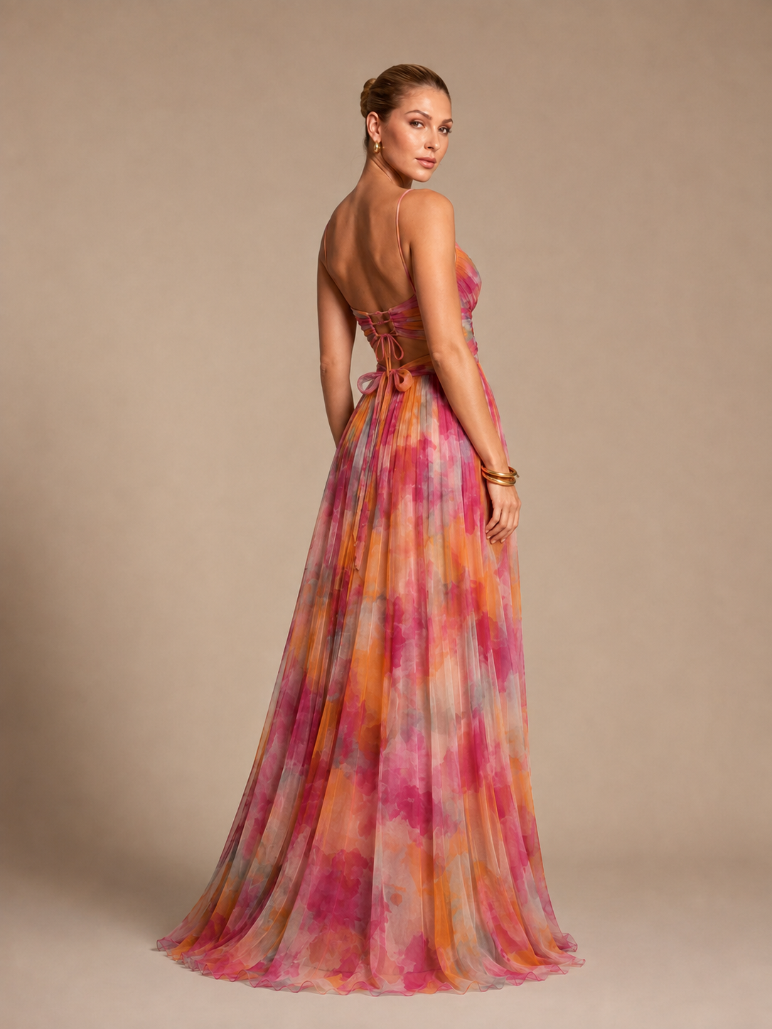 Aurelia Pink Orange Floral Chiffon Maxi Dress