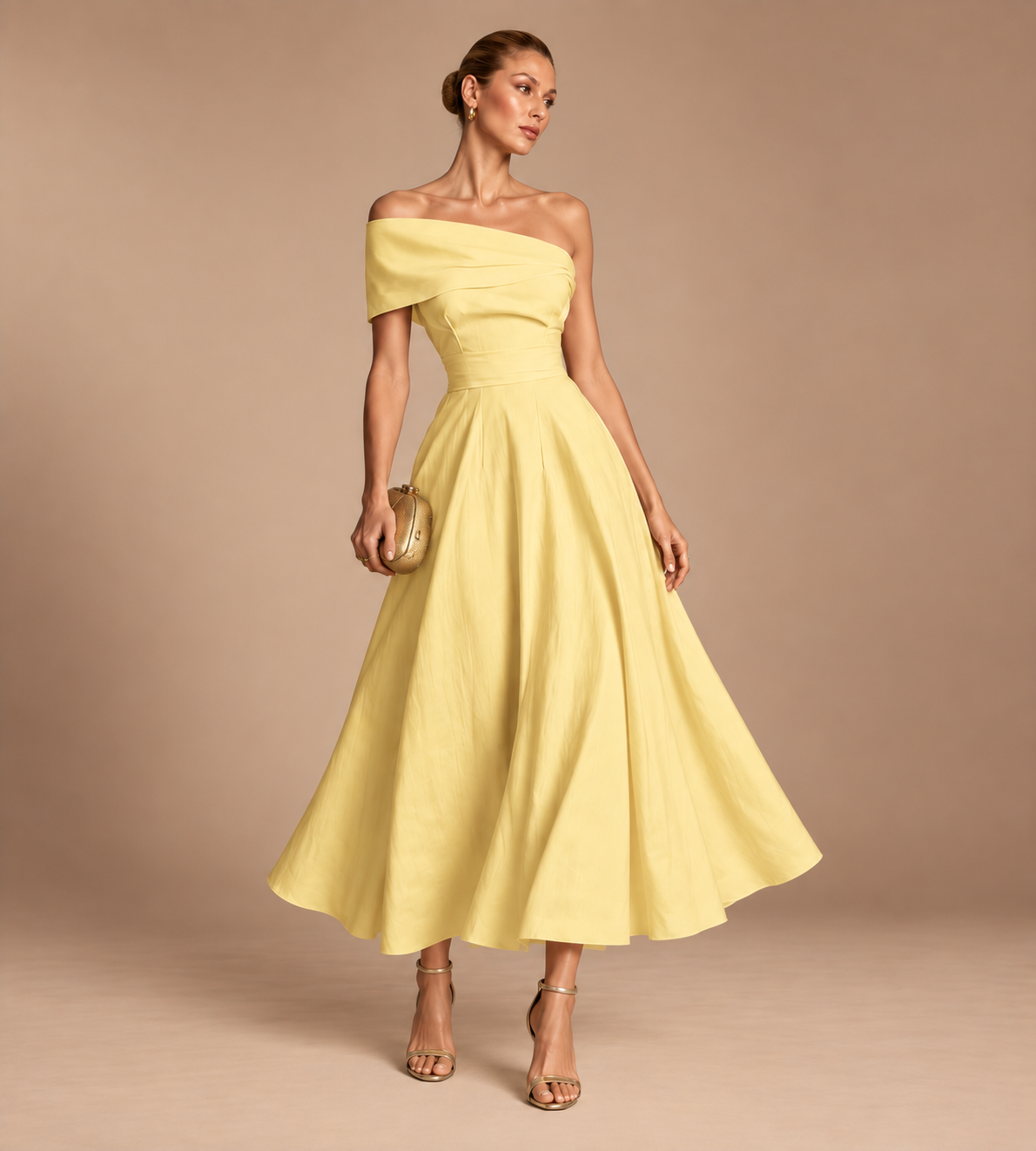 Solene Butter Yellow Off-Shoulder Midi Dress