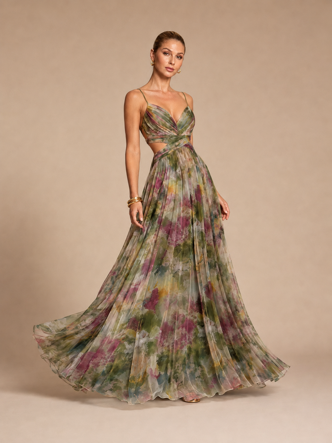 Aurelia Sage Green Floral Chiffon Maxi Dress