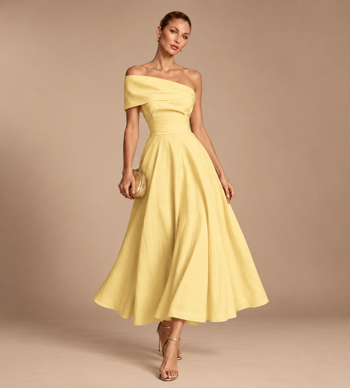 Solene Butter Yellow Off-Shoulder Midi Dress