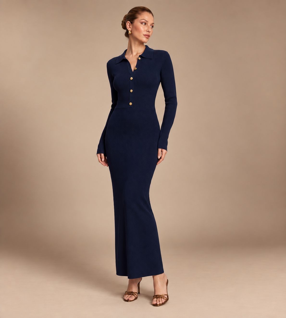 Arielle Navy Ribbed Knit Polo Maxi Dress