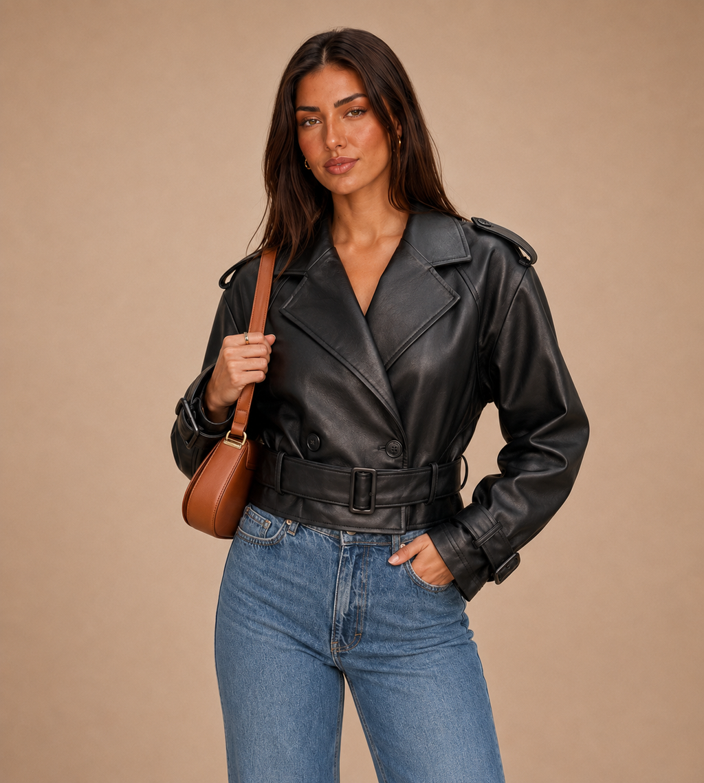 Sloane Black Belted Faux Leather Trench Jacket